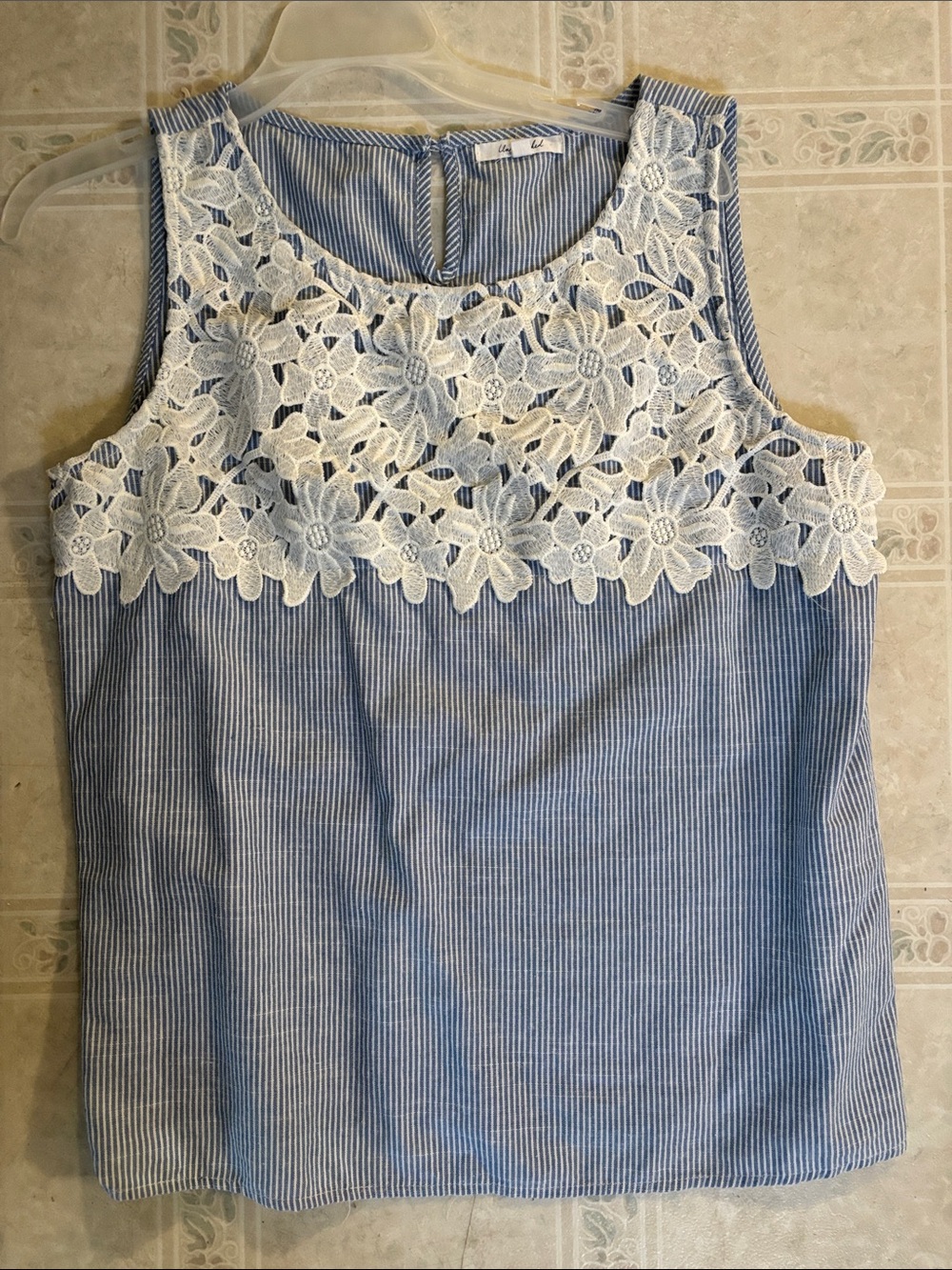 Blue Pinstripe Camisole with White Floral Lace Yoke
